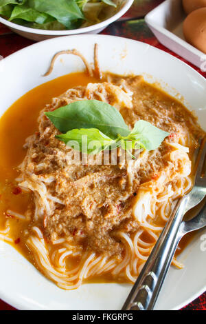 Kanom jeen namya (white noodles with fish curry sauce), thai food. Stock Photo