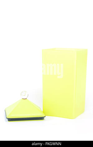 Yellow plastic container, utensil kitchenware isolated on white background. Stock Photo