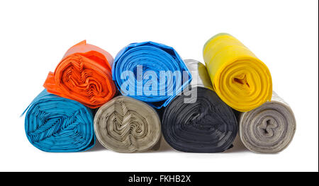 Rolls  of disposable trash bags isolated on white background Stock Photo