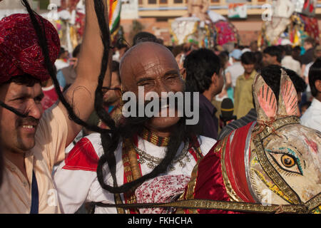 Huge, long, longest, moustache, beard, on Rajasthani,man, guy during elephant festival during holi,Hindu celebration in Jaipur,Rajasthan,India,Asia. Stock Photo