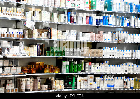 Beauty products on display of pharmacy boutique Saint Exupery international airport Lyon  Satolas  France Stock Photo
