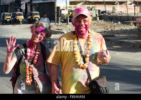 Holi,coloured powder throwing festival,Jaipur,Rajasthan,India,South,Asia.Annual event held in March marking end of winter.Tourist,tourists,in,India, Stock Photo