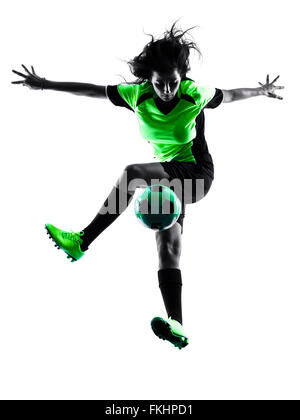 one woman playing soccer player in silhouette isolated on white background Stock Photo