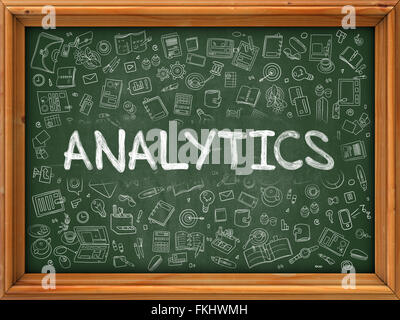 Analytics Concept. Green Chalkboard with Doodle Icons. Stock Photo