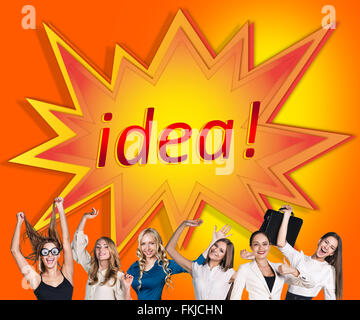Women near image of comic book explosion Stock Photo