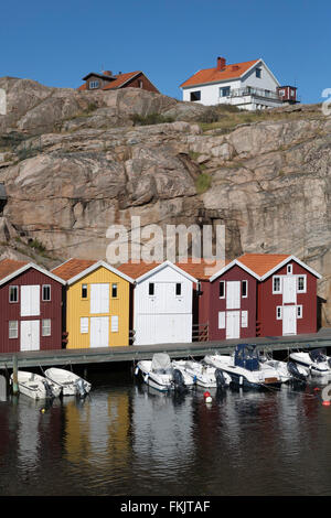 Traditional falu red fishermen's houses in harbour, Smögen, Bohuslän Coast, Southwest Sweden, Sweden, Scandinavia, Europe Stock Photo