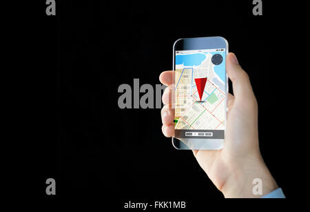 close up of male hand with transparent smartphone Stock Photo