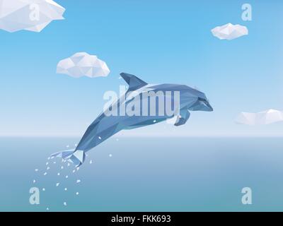 Low Poly Dolphin jumping from the sea, some clouds in the sky Stock Vector