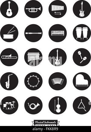 Collection Of 20 Musical Instruments Symbols, negative in black circles Stock Vector
