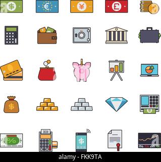 Collection of money, finance and banking related line icons with color fill Stock Vector