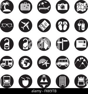 Collection of travel and vacation vector icons, negative in black circles Stock Vector
