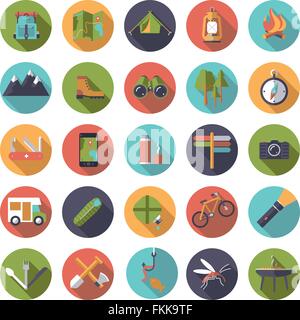 Collection of flat design camping, hiking  and outdoor pursuits vector icons in circles Stock Vector