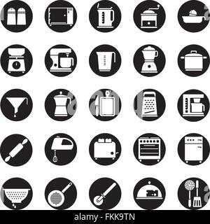 Collection of kitchen and cooking related icons, negative in black circle Stock Vector