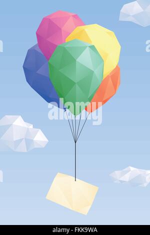 Low Poly graphic of blank greeting card attached to balloons in the sky Stock Vector