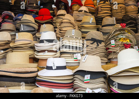 Hats for sale near the busy central market in Florence, Italy. Stock Photo