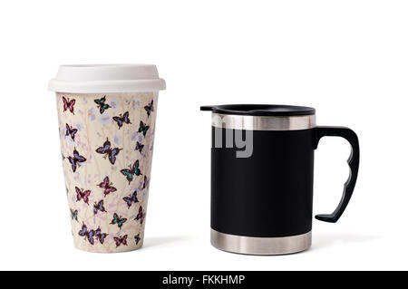 Two insulated coffee mugs isolated on white. Stock Photo