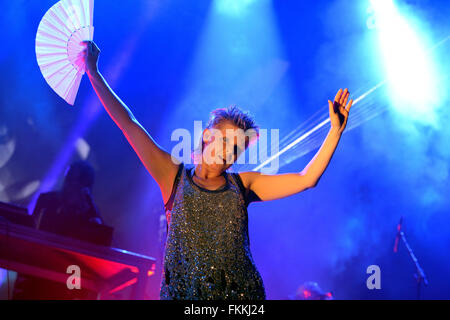 BARCELONA - JUN 13: Royksopp & Robyn (electronic band from) performs at Sonar Festival on June 13, 2014 in Barcelona, Spain. Stock Photo