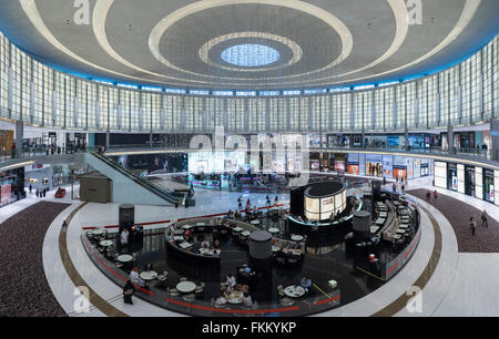 View of Fashion Avenue atrium with cafes and shops within Dubai Mall in Dubai United Arab Emirates Stock Photo