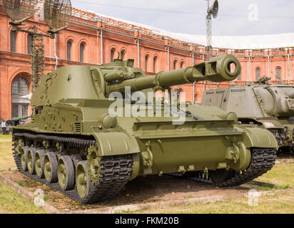 RUSSIA; SAINT-PETERSBURG - JULY 8- 152-mm self-propelled howitzer 2S3 'Acacia' (1970). Weight, kg: installation-27500, projectil