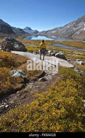 WY01256-00...WYOMING  - Hiker overlooking Upper Titcomb Lake from the route to Dinwoody Pass in the Wind River Range. Stock Photo