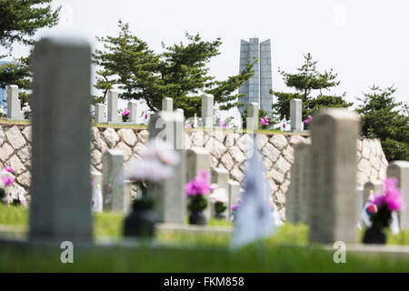 Burial Plots and Memorial Tower, Seoul National Cemetery. Stock Photo