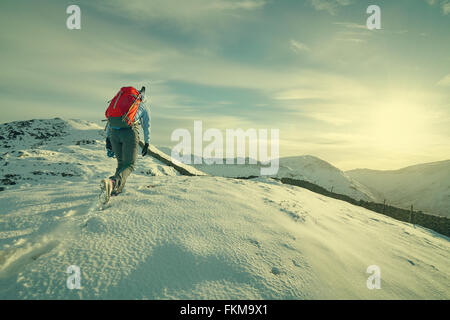 Hiker walking over snow covered mountains in the UK. Grain and colour styling applied Stock Photo