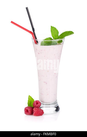 Raspberry milk smoothie with mint and drinking straws. Isolated on white background Stock Photo