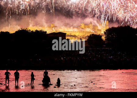 Carcassonne,fireworks,Cite,Castle,Canal Du Midi,canal,Aude,South,France,Europe, Bastille,Day,July,14th, Stock Photo