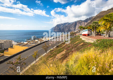 Colourful painted fishing boat near the ocean in Los Gigantes, Tenerife, Canary Islands, a picture postcard scenic view of the i Stock Photo
