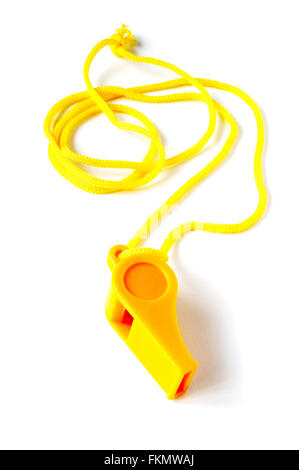 Yellow football whistle on a white background Stock Photo