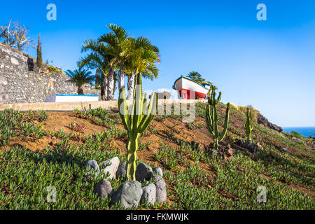 Colourful painted fishing boat near the ocean in Los Gigantes, Tenerife, Canary Islands, a picture postcard scenic view of the i Stock Photo