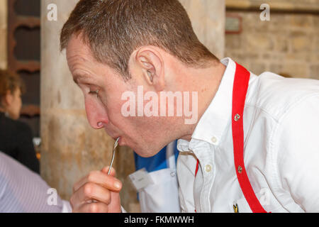 Melton Mowbray, Leicestershire. 9th March 2016. The British Pie Awards were held in St. Mary's church, Melton Mowbray, Leicestershire on Wednesday 9th March 2016. This annual event attracted pie makers from all over the world and were judged by celebrity chefs and food wrers and critics. A pie has to have a crust on the bottom as well as on the top, irrespective of what the filling may be. In each of the classes a champion will be selected and then the champion from each category will compete for supreme champion. Credit:  Jim Harrison/Alamy Live News Stock Photo