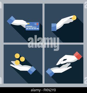Set of four vector icons with hands holding the coins Stock Vector