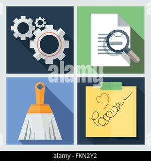 Set of vector icons flat with gears, a magnifying glass Stock Vector