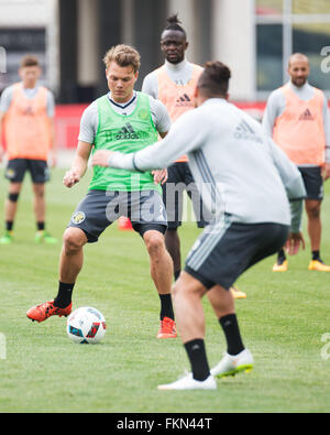 Columbus, Ohio, USA. 9th March, 2016. Columbus Crew SC midfielder Emil Larson handles the ball during practice at Columbus Crew SC Media Day. Columbus, Ohio, USA Credit:  Brent Clark/Alamy Live News Stock Photo