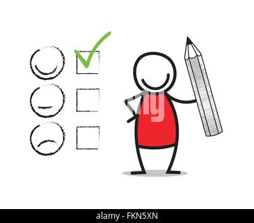 Customer satisfaction concept. Doodle man holding a pencil. Stock Vector