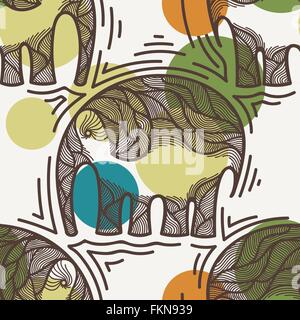 Vector seamless pattern with elephants crooked line on the background of colored spots Stock Vector