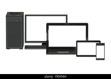 Modern computer, laptop, tablet and smartphone with white screen Stock Photo
