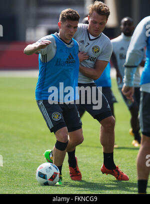 Columbus, Ohio, USA. 9th March, 2016. Columbus Crew SC midfielder Wil Trapp (blue) fights for the ball against midfielder Emil Larson at Columbus Crew SC Media Day. Columbus, Ohio, USA Credit:  Brent Clark/Alamy Live News Stock Photo