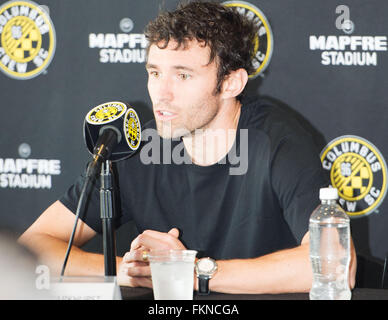 Columbus, Ohio, USA. 9th March, 2016. Columbus Crew SC Captain Michael Parkhurst answers questions during a press conference at Columbus Crew SC Media Day. Columbus, Ohio, USA Credit:  Brent Clark/Alamy Live News Stock Photo