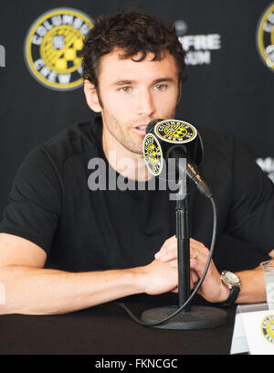 Columbus, Ohio, USA. 9th March, 2016. Columbus Crew SC Captain Michael Parkhurst answers questions during a press conference at Columbus Crew SC Media Day. Columbus, Ohio, USA Credit:  Brent Clark/Alamy Live News Stock Photo