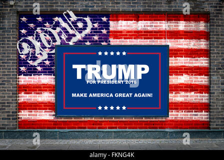Donald Trumps 2016 presidential campaign poster on a billboard with American flag painted Stock Photo