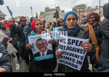 London, UK. 9th March, 2016. Protesters outside the Ugandan Embassy in Trafalgar Square after last month's rigged Ugandan elections. They want an independent audit ofthe results and urge the UK not to recognise Museveni as the legitimate President of Uganda and for the immediate release of Dr Besigye and other political prisoners, as well as action against those responsible for torture. Peter Marshall/Alamy Live News Stock Photo