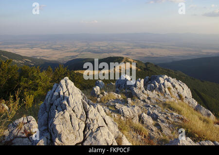 View from the Freedom Monument on Shipka Pass into the Rose Valley, evening light, Central Balkans, Bulgaria Stock Photo