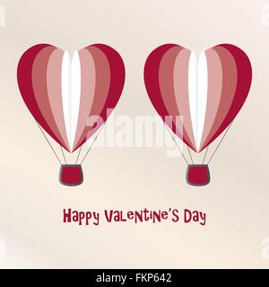 red heart air balloon flying in the blue sky with clouds. Flat cartoon ...