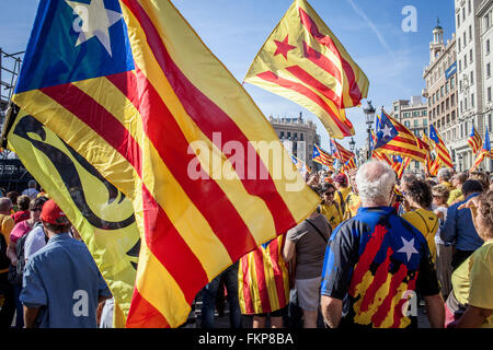 Political demonstration for the independence of Catalonia. Catalunya square.October 19, 2014. Barcelona. Catalonia. Spain. Stock Photo