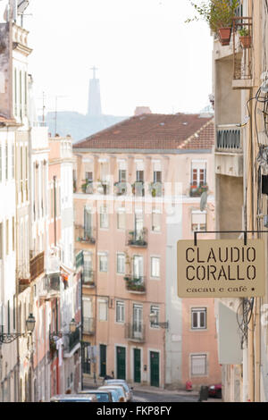 Sign for a local gourmet chocolate shop and cafe on a typical side street in Barrio Alto, Lisbon, Portugal Stock Photo