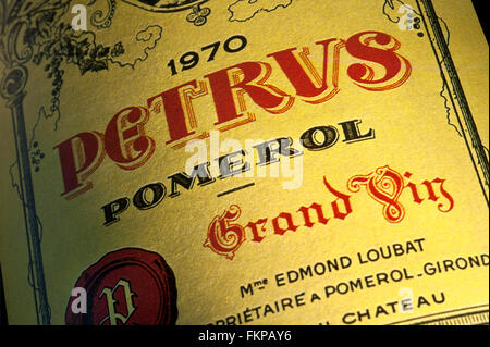 Bottle label of 1970 Chateau Petrus Pomerol Grand Vin red wine Bordeaux France Stock Photo