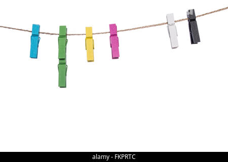 colorful clothespins on a clothesline , clamp link peg housework hanging Stock Photo