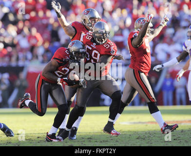 Tampa, Fla, USA. 16th Nov, 2008. Nov. 16, 2008; Tampa, FL, USA; Tampa Bay Buccaneers cornerback Ronde Barber (20) and linebacker Cato June (59) celebrate a second half fumble recovery in the Bucs 19-13 win over the Minnesota Vikings at Raymond James Stadium. ZUMA Press/Scott A. Miller © Scott A. Miller/ZUMA Wire/Alamy Live News Stock Photo